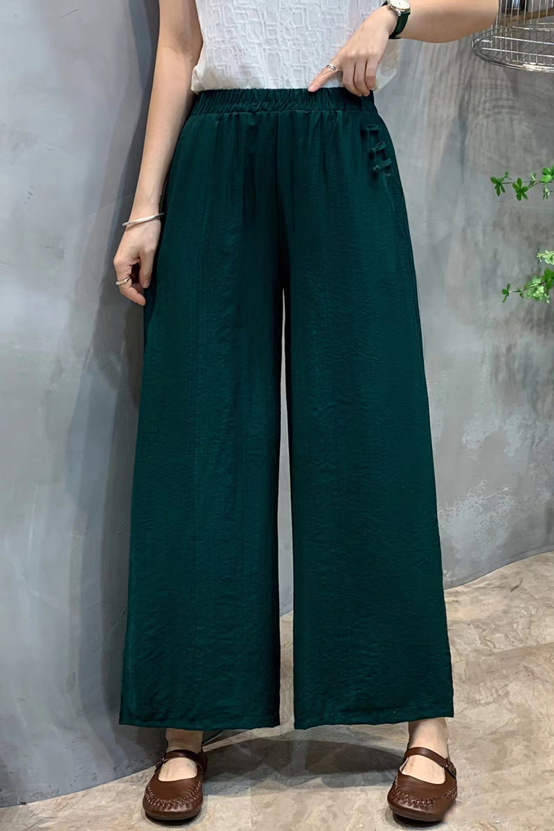 Pocket Chinese Knot Button Wide Leg Cropped Linen Pants