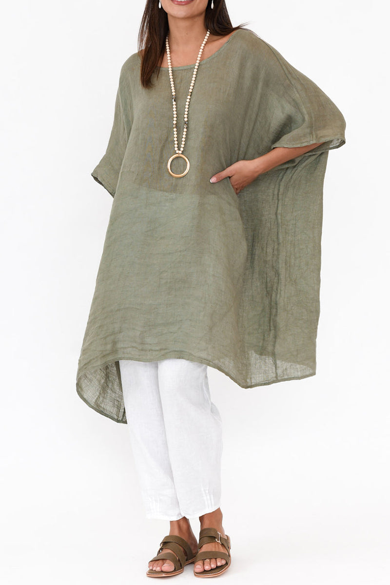 Linen Green Round Neck Bat Wing Sleeve Irregular Hem Top Pre Order