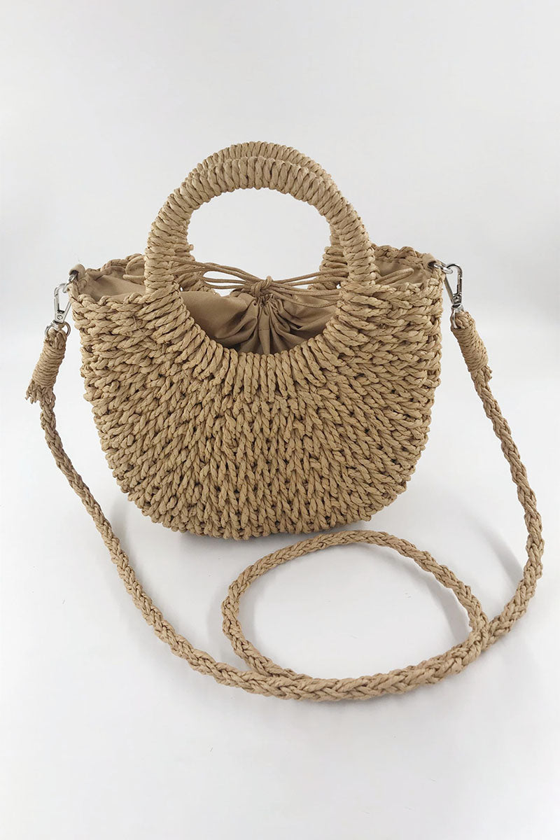 O-Ring Handle Drawstring Straw Crossbody Bag