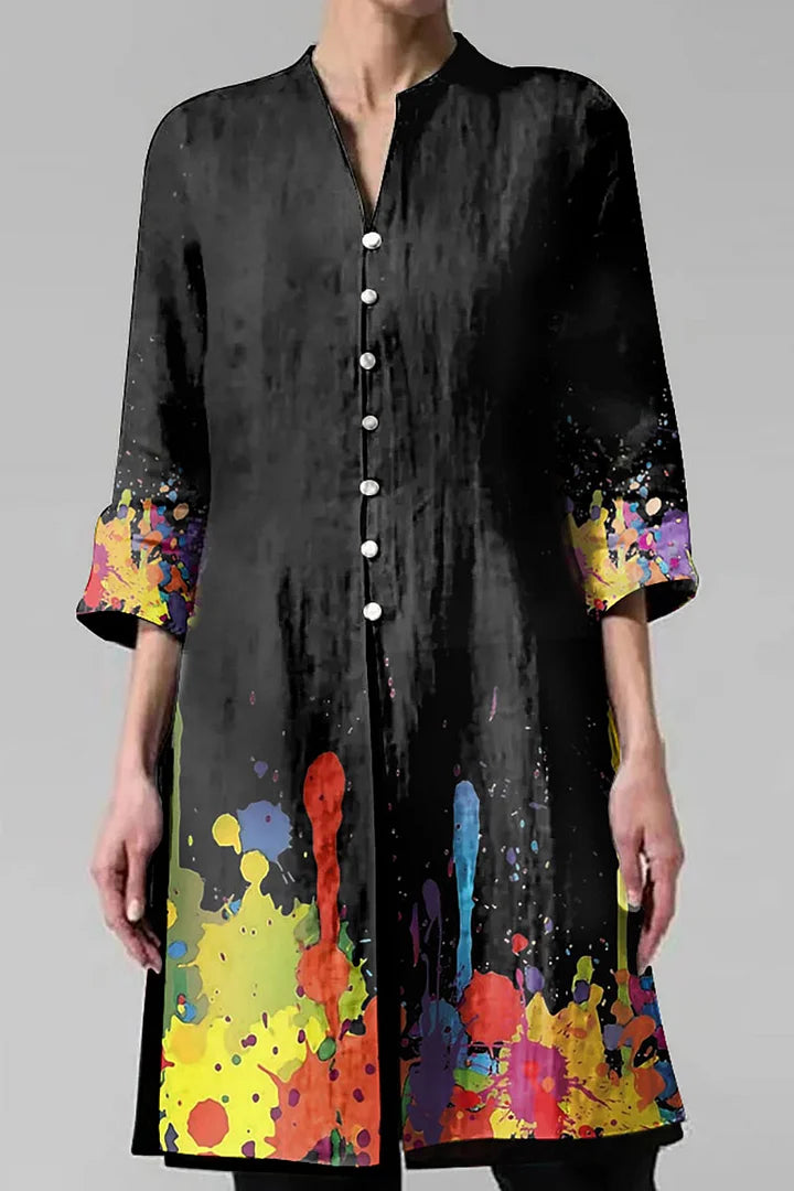 V Neck Button Vp Three Quarter Sleeve Print Casual Shirt Cardigan