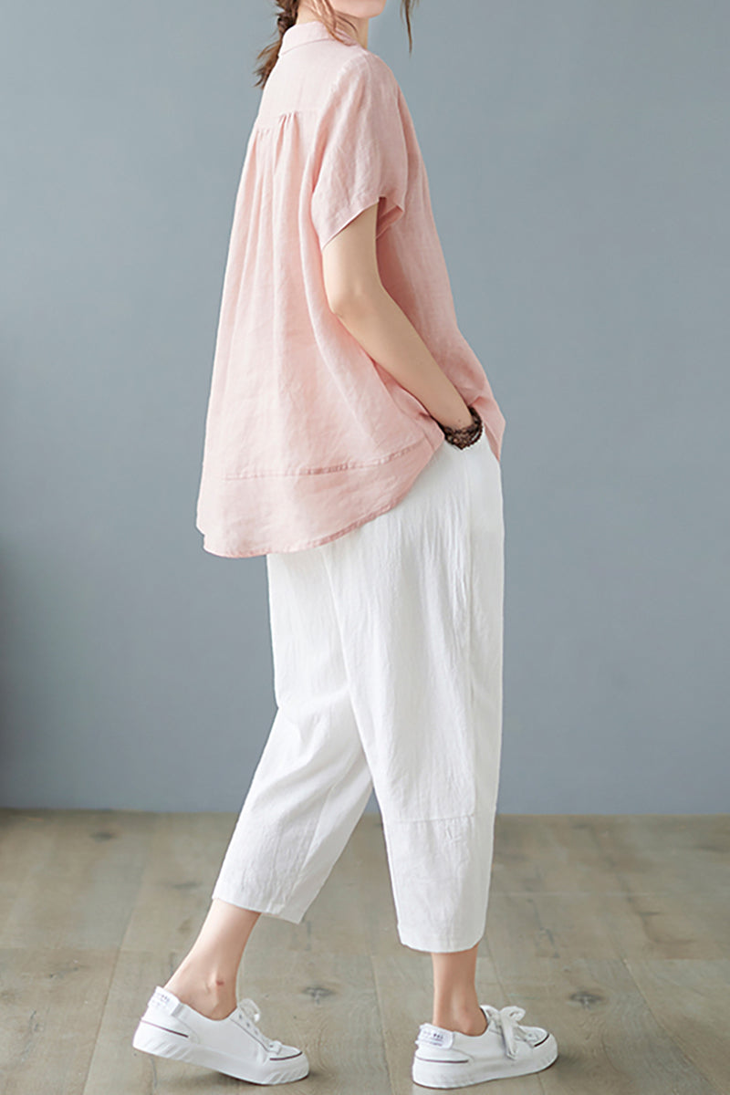 V Neck Short Sleeve Button Pocket Linen Blouse