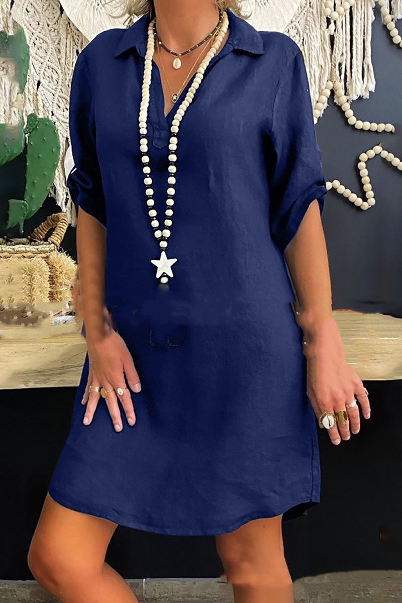 V Neck Roll Sleeve Linen Shirt Mini Dress