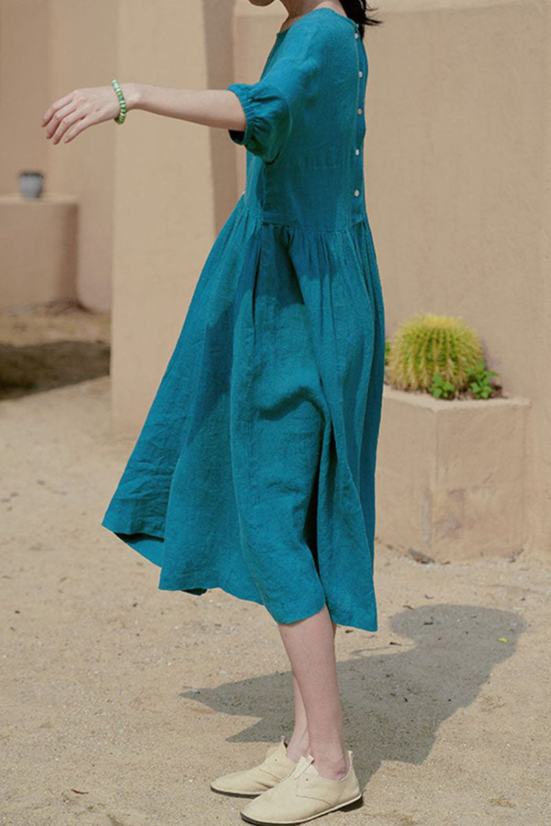 Linen Three Quarter Sleeve Round Neck Wide Hem Pleated Casual Midi Dress
