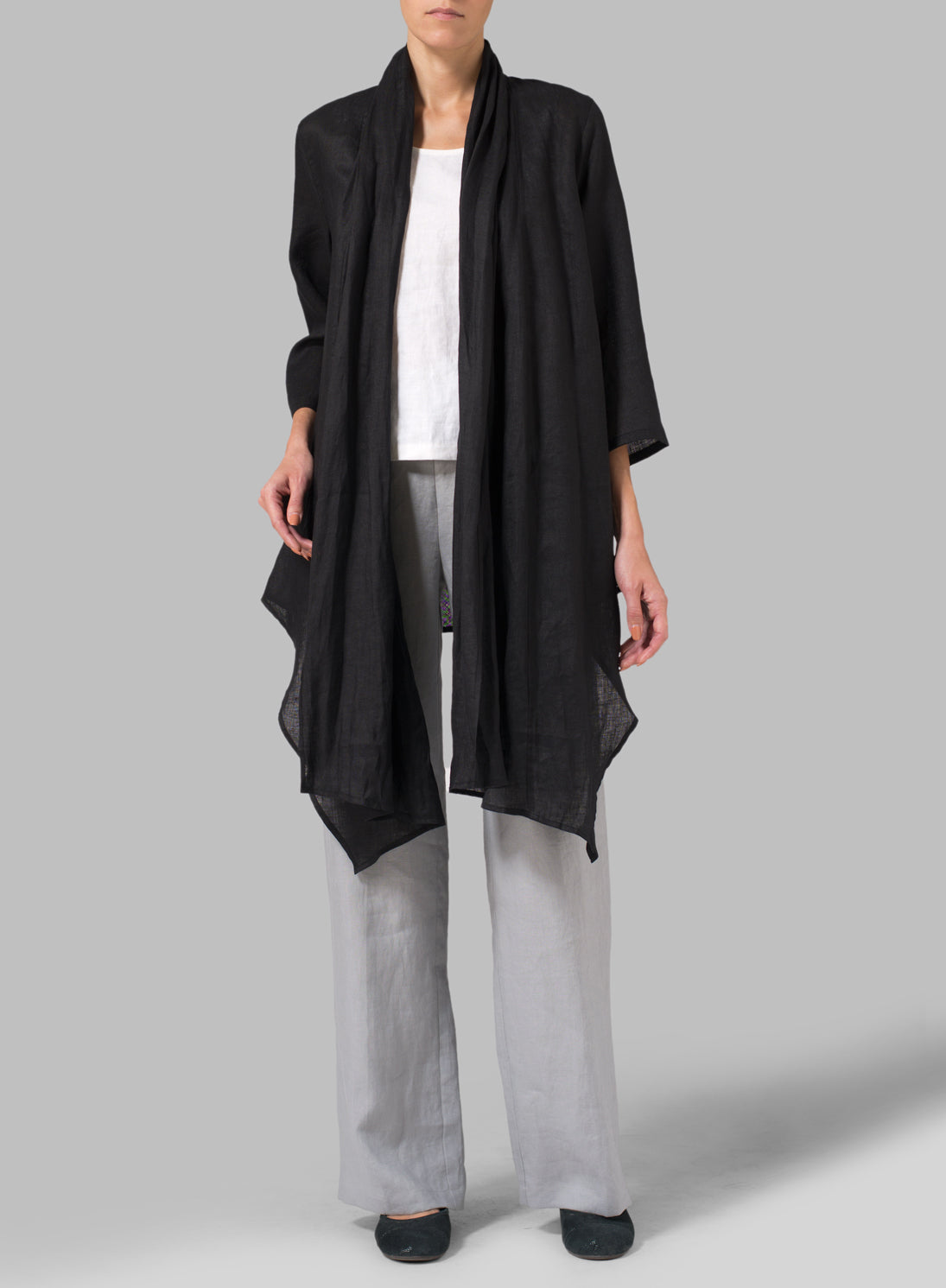 Womens Cotton Linen Long Shawl Collar Jacket