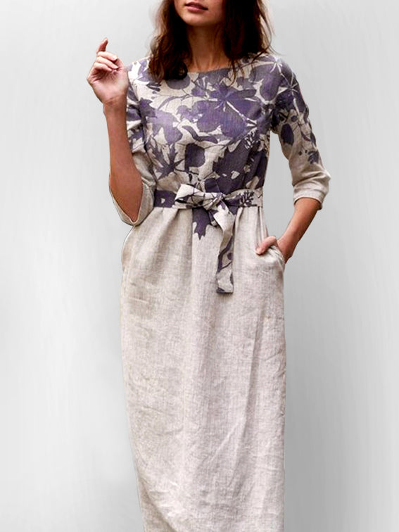 Cotton-Linen Floral Print Mid-Sleeve Dress