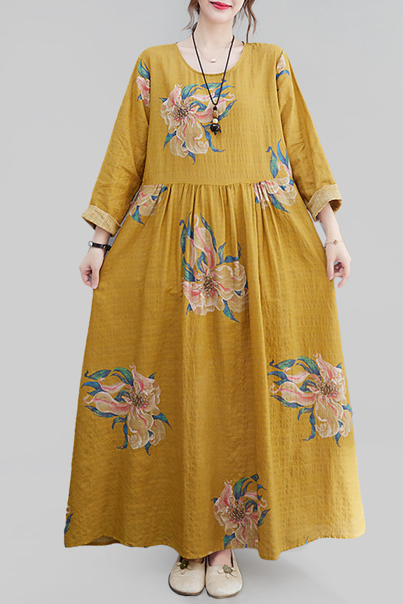 Printed Long Sleeve Round Neck Linen Maxi Dress