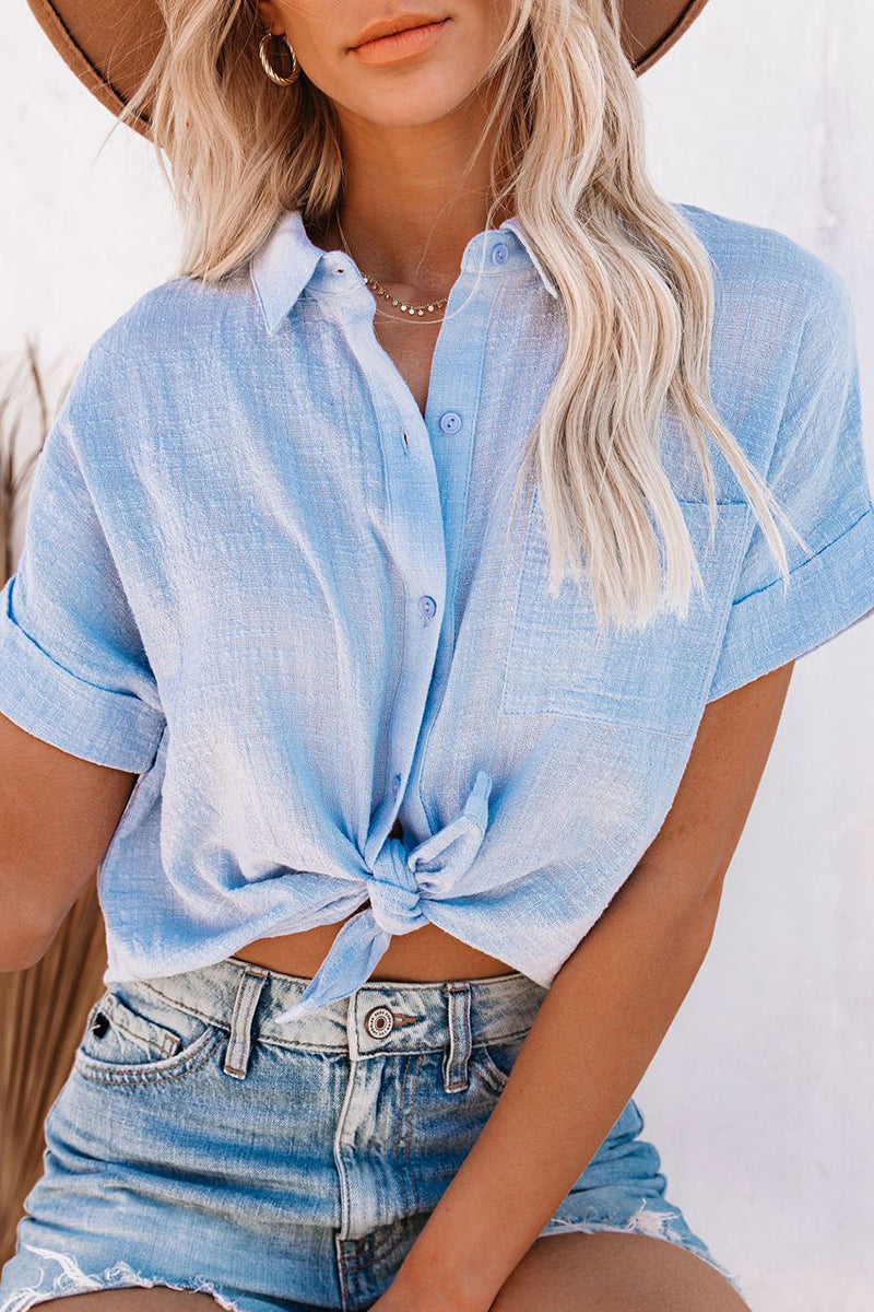 Button Pocket Short Sleeve Turndown Slit Linen Blouse