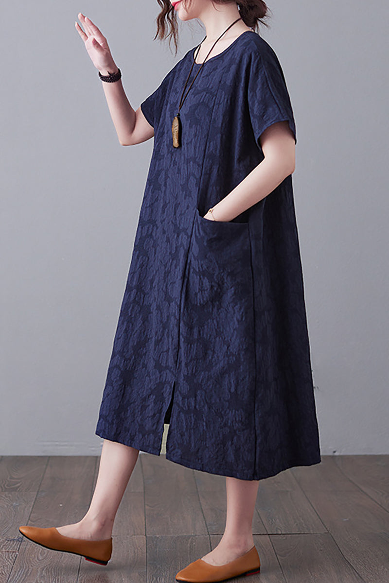 Round Neck Short Sleeve Linen Midi Dress