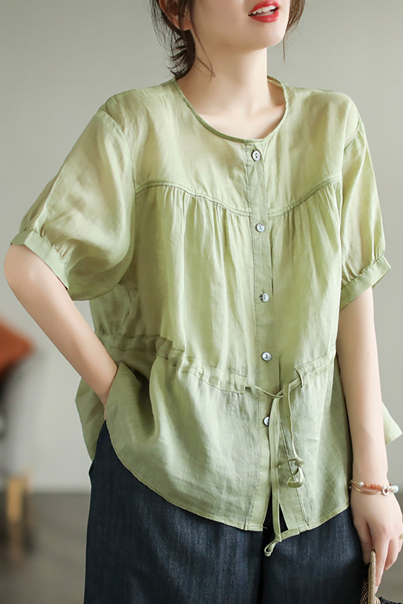 Half Sleeve Button Round Neck Drawstring Linen Top