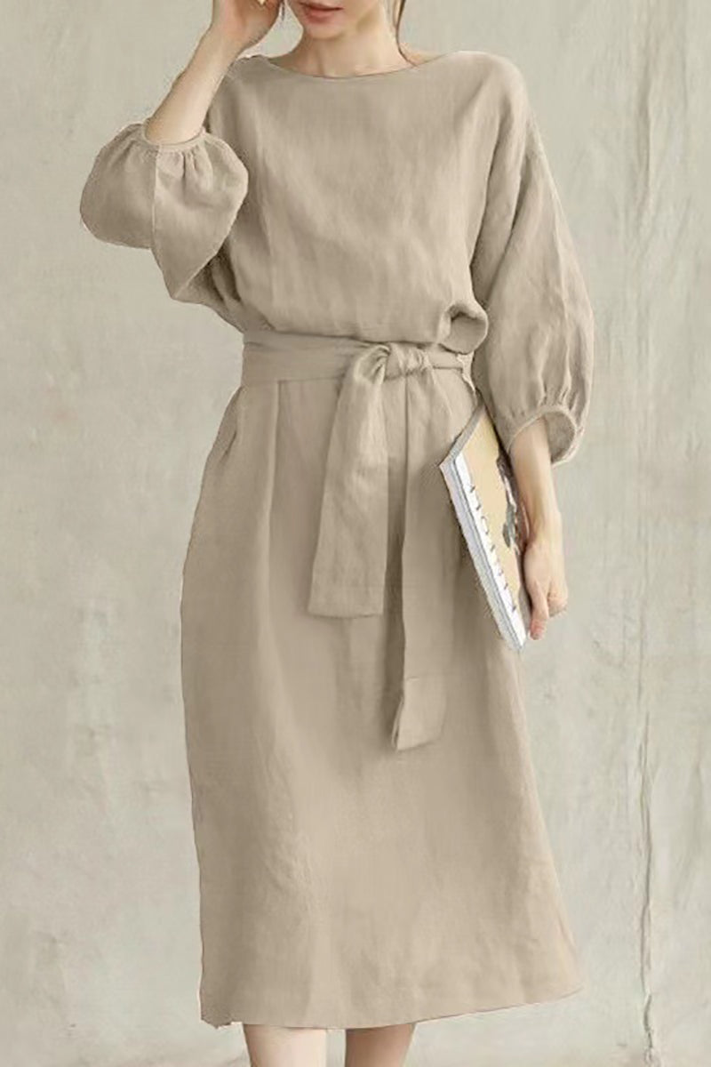 Linen Half Puffy Sleeve Tied Up Pleated Midi Dresses