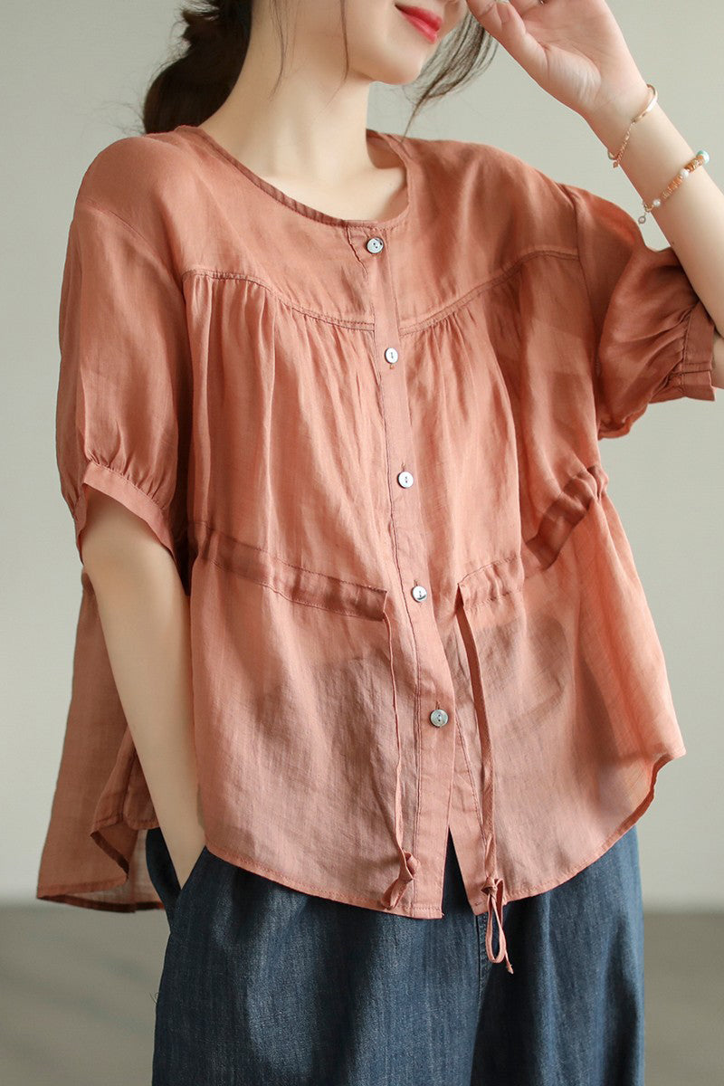 Half Sleeve Button Round Neck Drawstring Linen Top