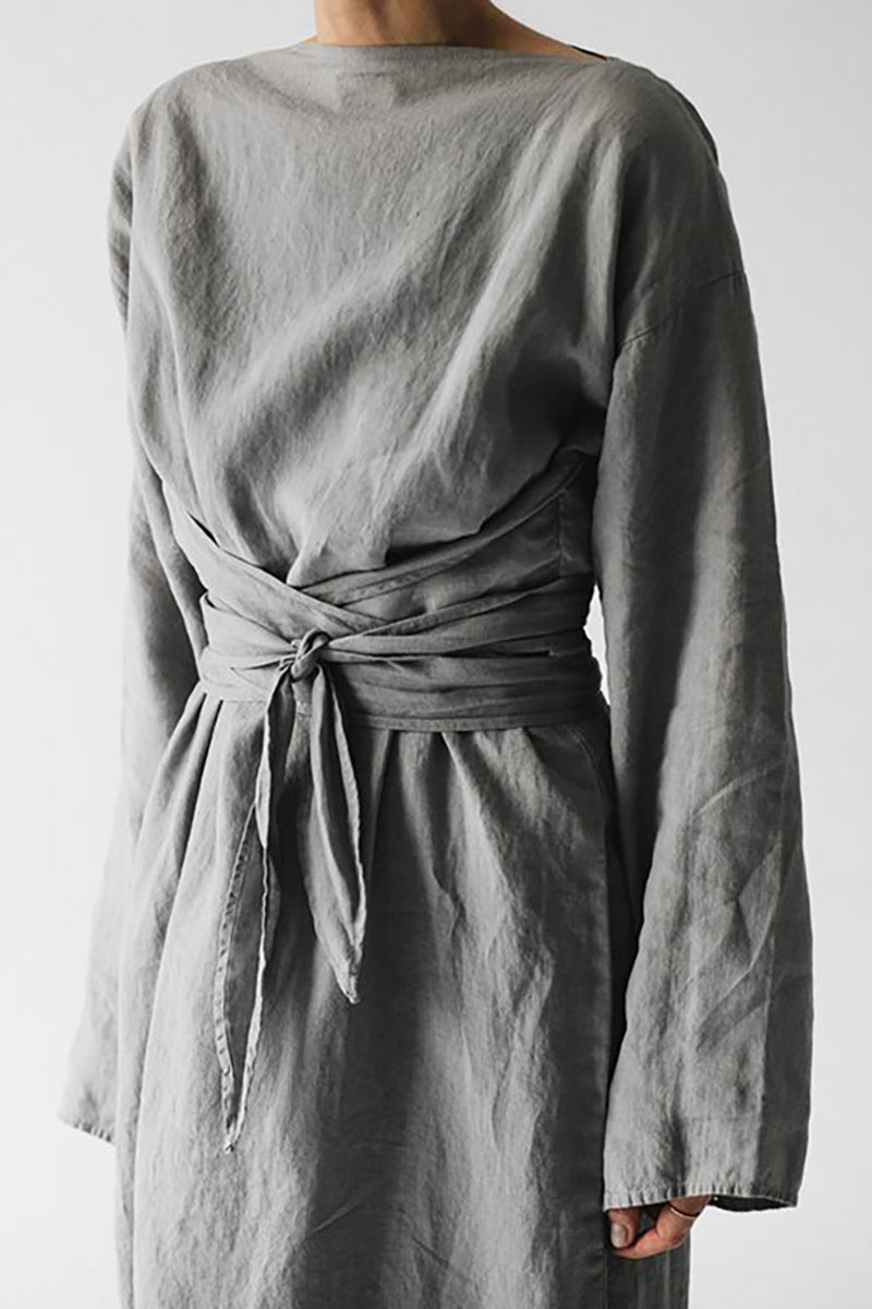 Linen Boat Neck Long Sleeve Tie Up Loose Fit Casual Maxi Dress