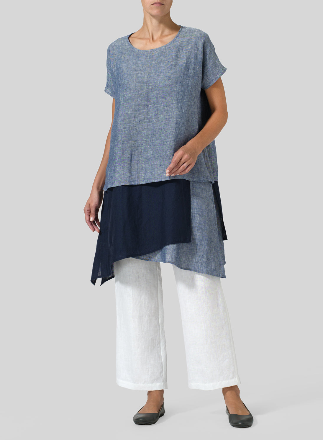 Womens Cotton Linen Irregular Multilayer Breathable Colorblock Shirt