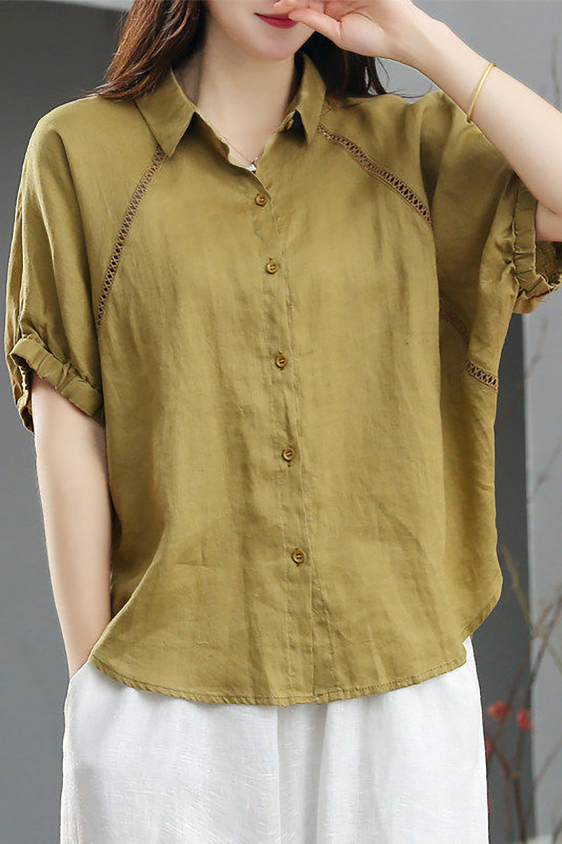 Linen Half Sleeves Turndown Collar Blouse