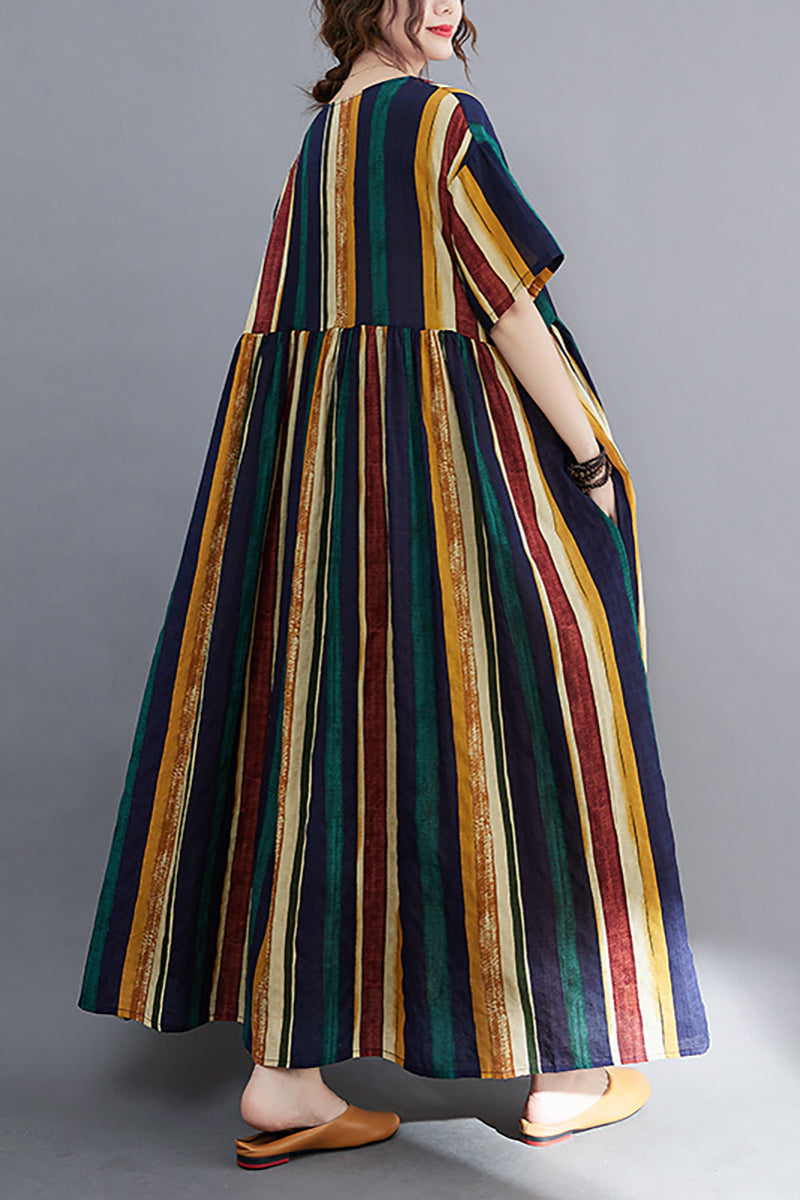 Linen Green Print Short Sleeve Round Neck Maxi Dress