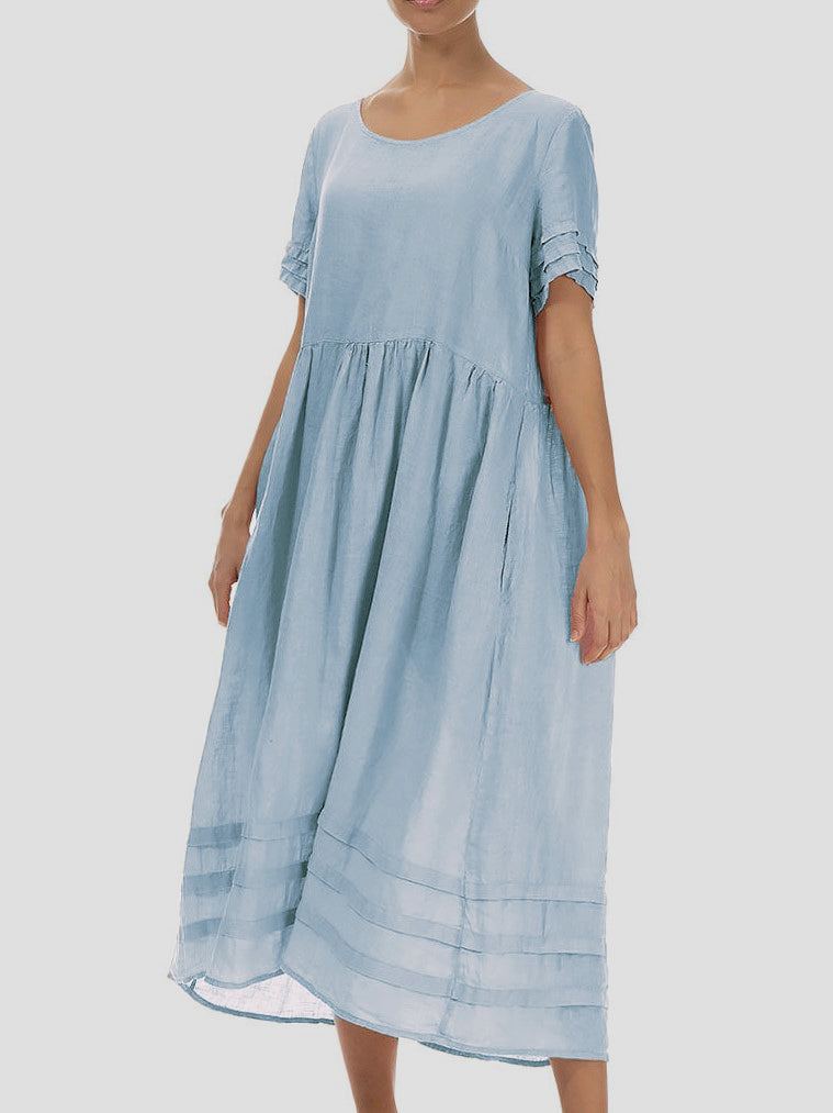 Pleated Crewneck Short Sleeve Cotton-Linen Dress
