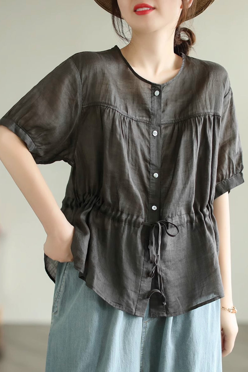 Half Sleeve Button Round Neck Drawstring Linen Top