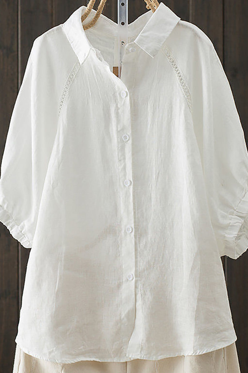 Linen Half Sleeves Turndown Collar Blouse