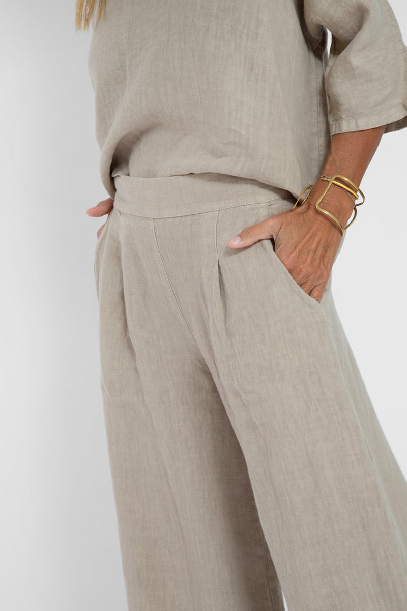 Pocket Wide Leg Pleated Linen Beige Pants Pre Order