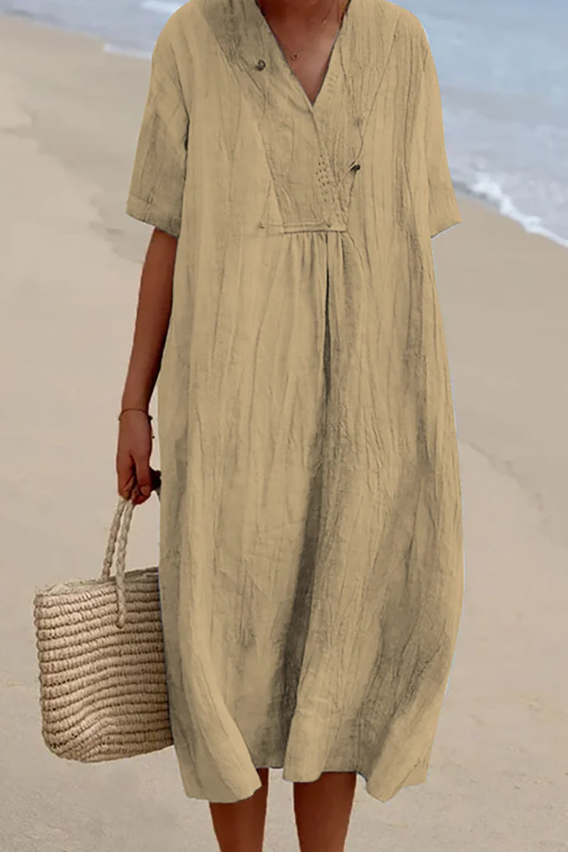 Linen V Neck Short Sleeve Midi Dress