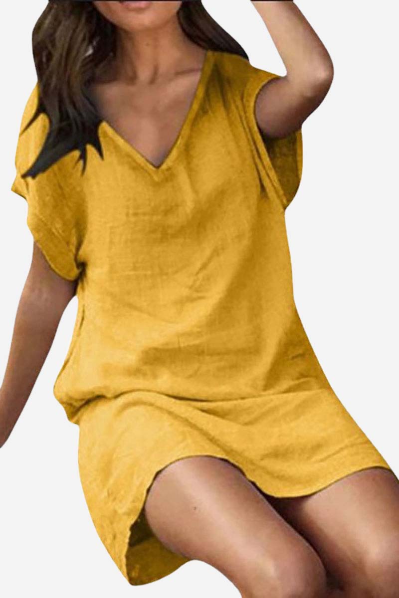 Linen V Neck Short Sleeve Loose Fit Casual Mini Dress