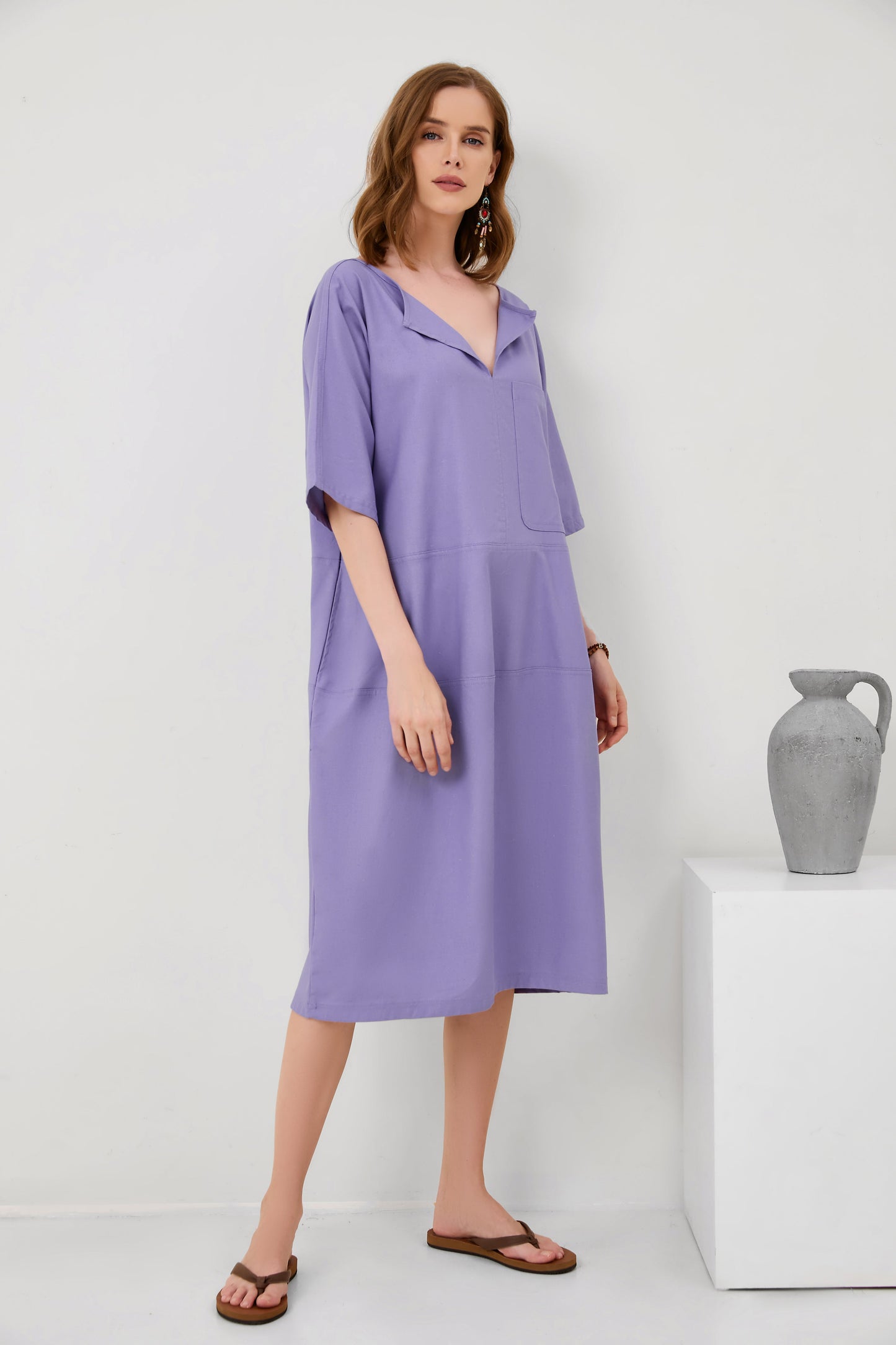 Fashion V-Neck Loose Pocket Mid-Sleeve Mid-Sleeve Cotton Linen Dress