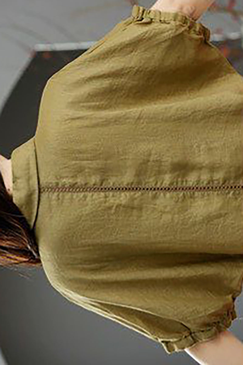 Linen Half Sleeves Turndown Collar Blouse