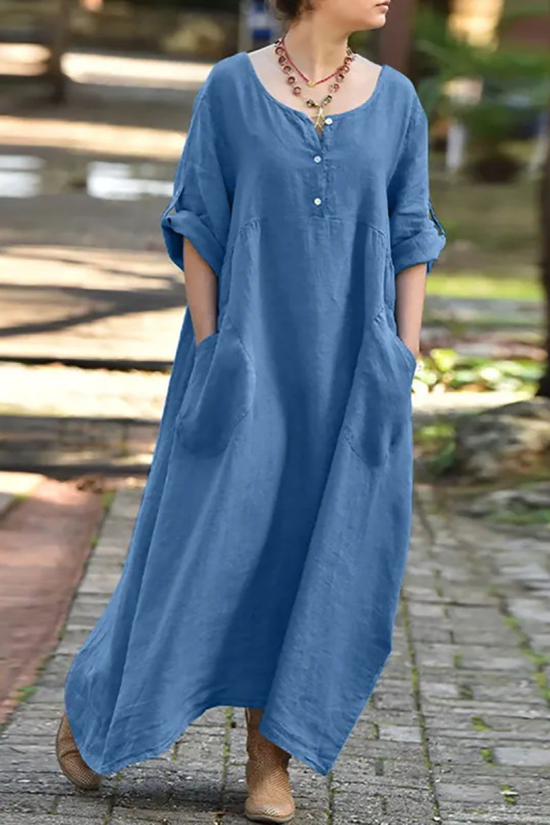 Roll Up Sleeve Irregular Neck Pocket Button Pleated Linen Maxi Dress