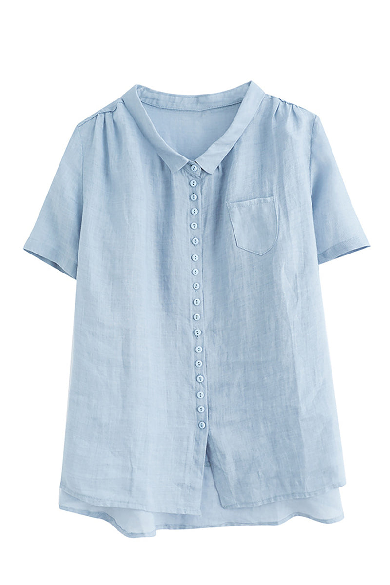 V Neck Short Sleeve Button Pocket Linen Blouse