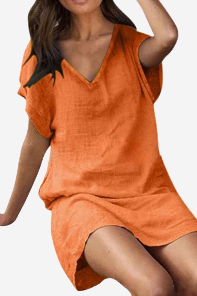 Linen V Neck Short Sleeve Loose Fit Casual Mini Dress