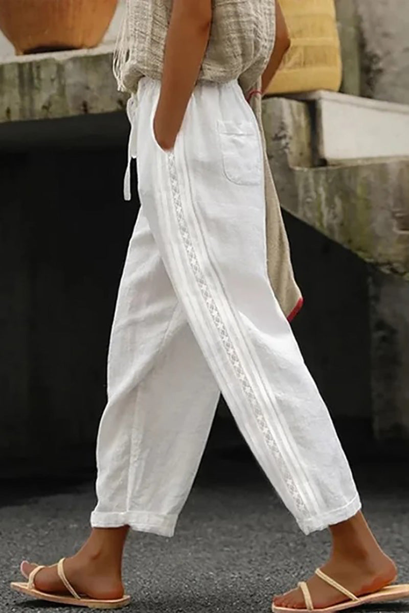 Patchwork Drawstring Pocket Linen Straight Leg Pants