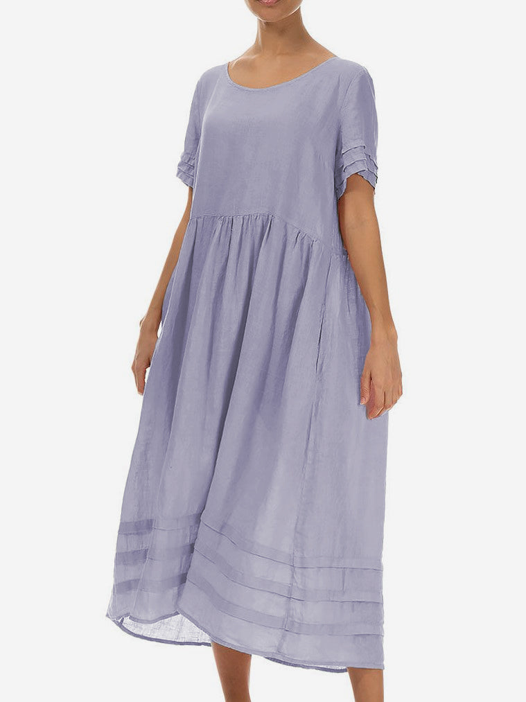 Pleated Crewneck Short Sleeve Cotton-Linen Dress
