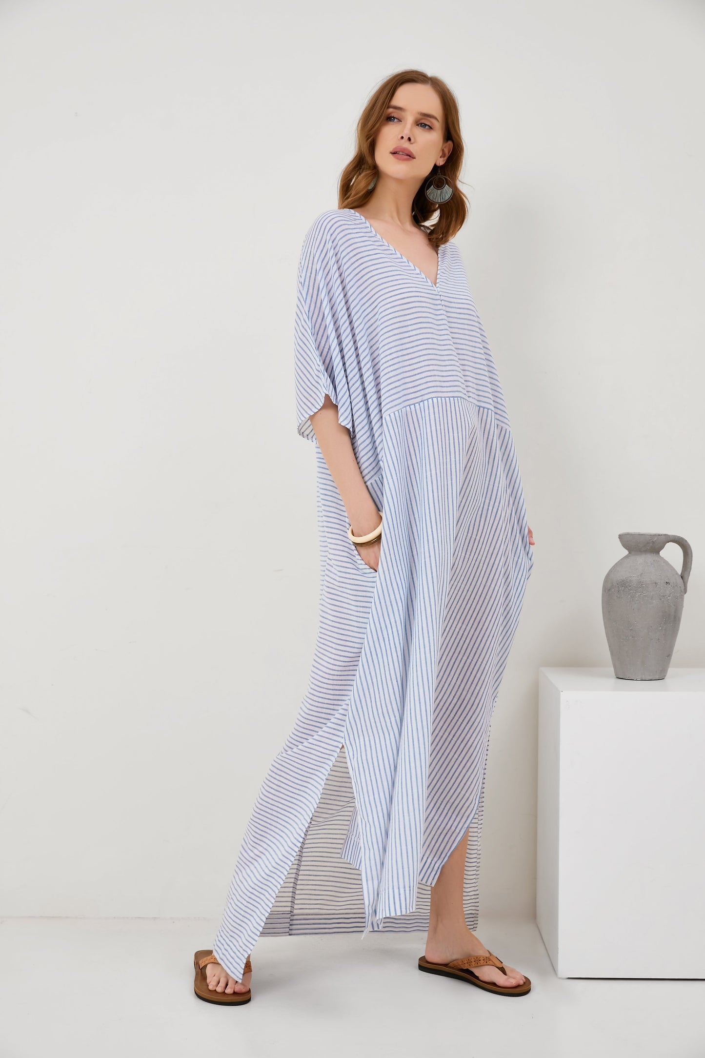 Flared Sleeve V-Neck Striped Panel Fashion Long Dress