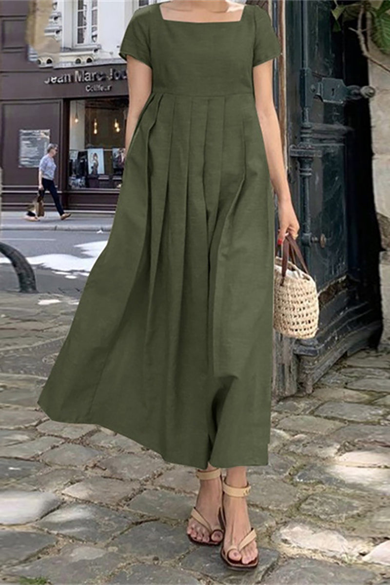 Short Sleeve Square Neck Pleated Linen Maxi Dress