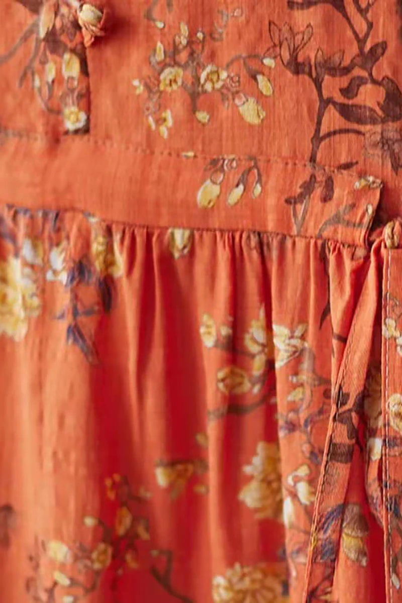 Linen Orange Short Sleeve Round Neck Print Midi Dress