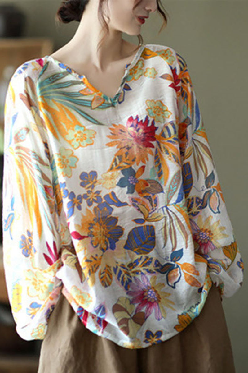 Cotton Linen Beige Long Sleeve V Neck Floral Print Top