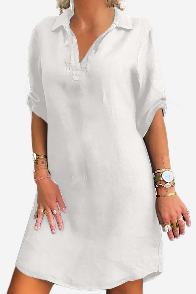 V Neck Roll Sleeve Linen Shirt Mini Dress