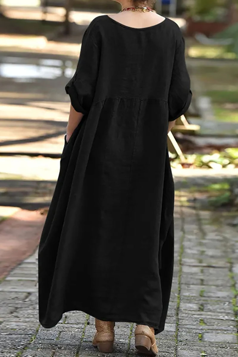 Roll Up Sleeve Irregular Neck Pocket Button Pleated Linen Maxi Dress