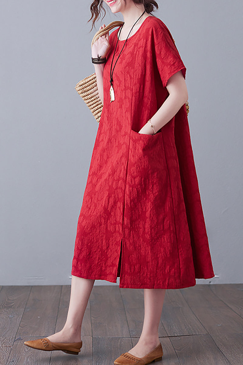 Round Neck Short Sleeve Linen Midi Dress