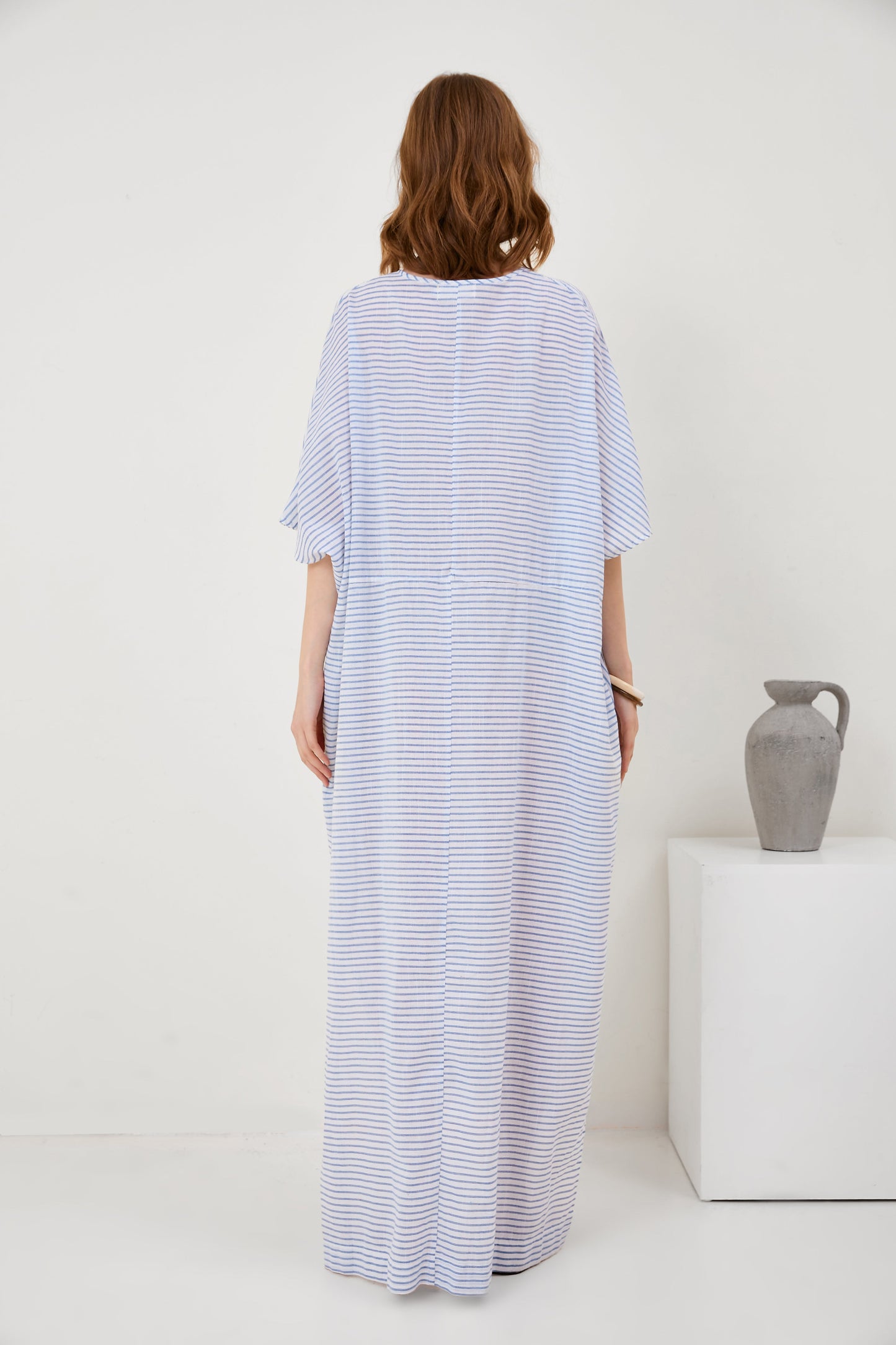 Flared Sleeve V-Neck Striped Panel Fashion Long Dress