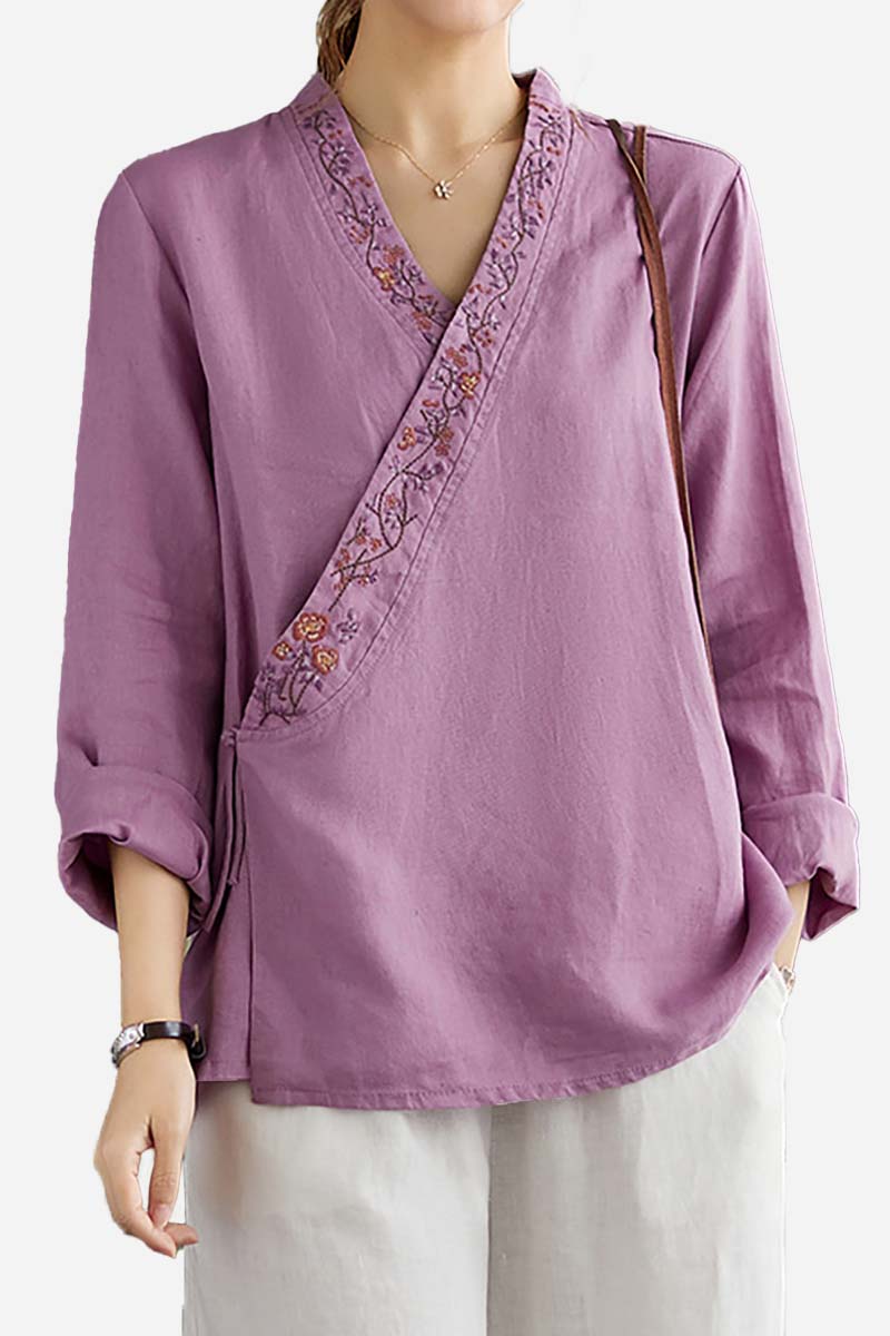 Long Sleeve Embroidered V Neck Linen Top