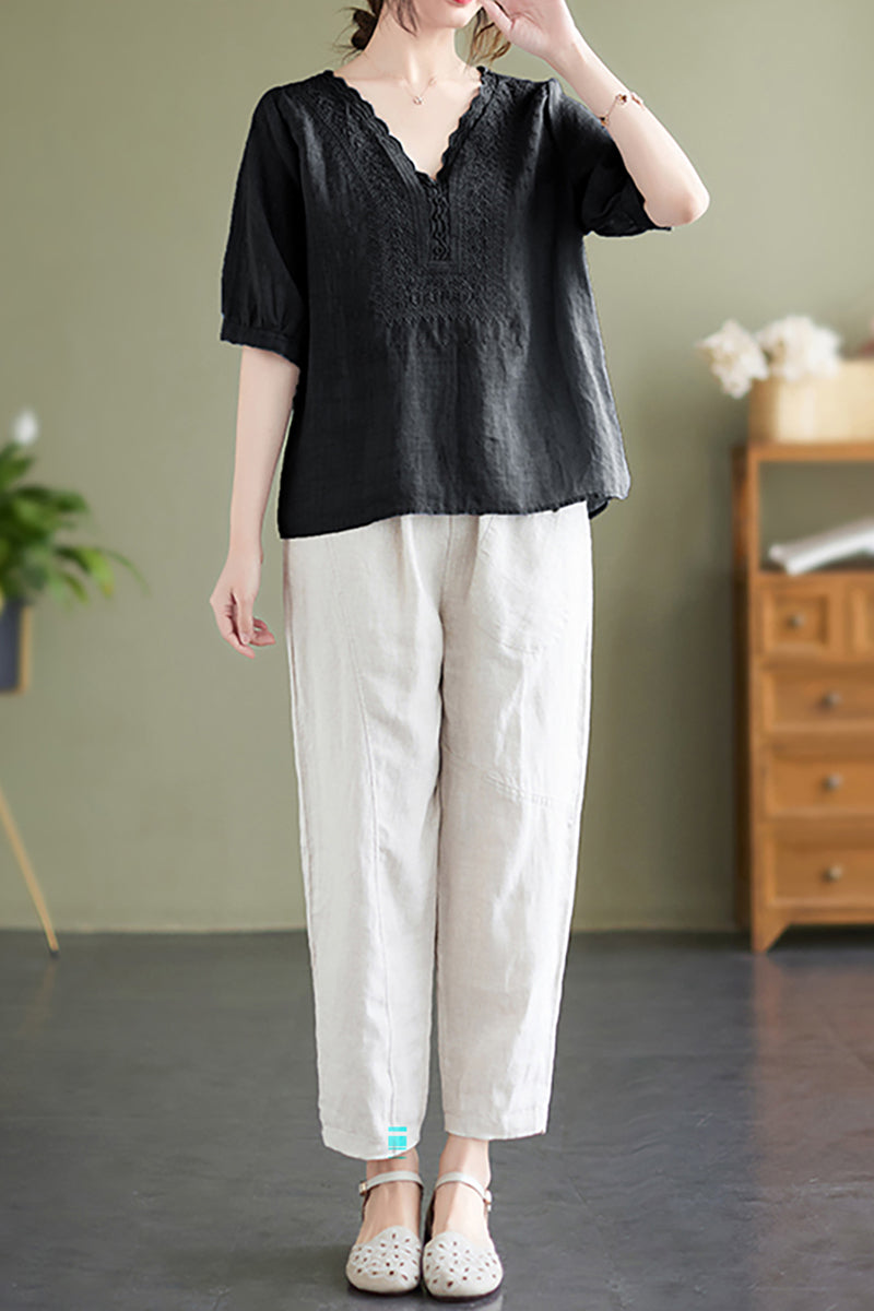 V Neck Embroidery Half Sleeve Linen Top