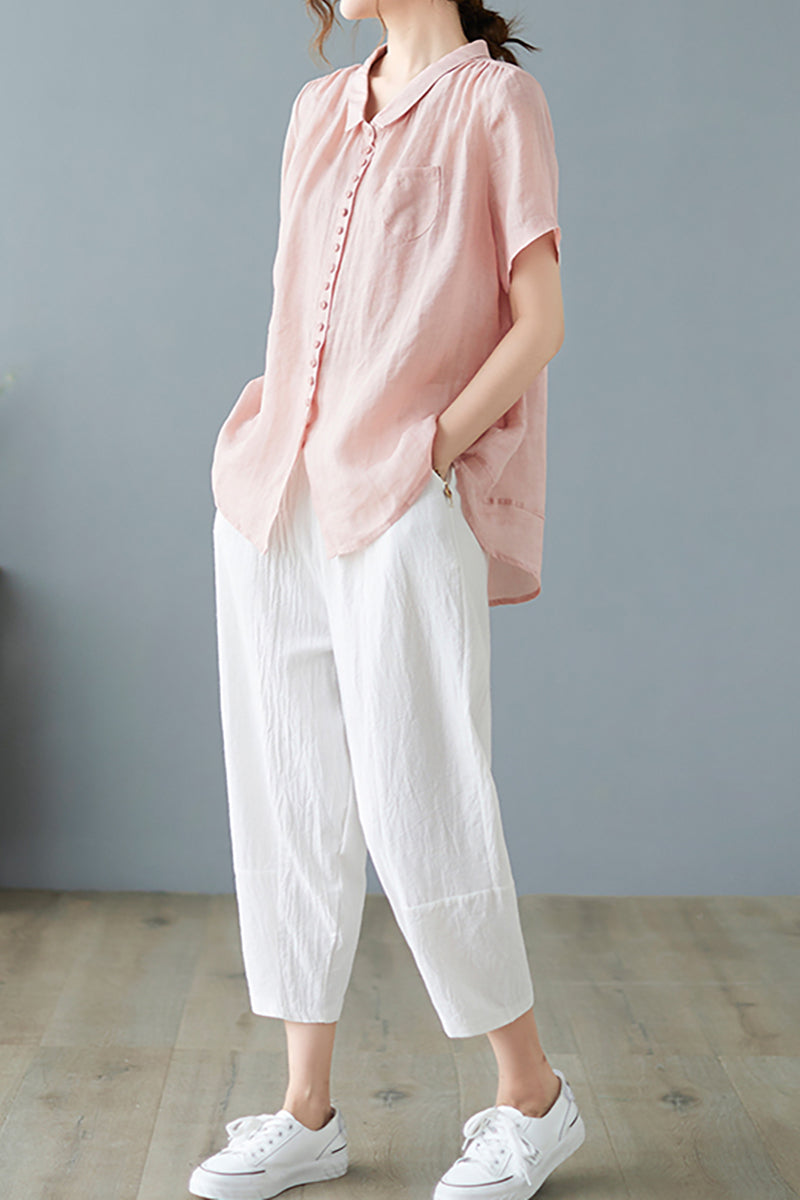 V Neck Short Sleeve Button Pocket Linen Blouse