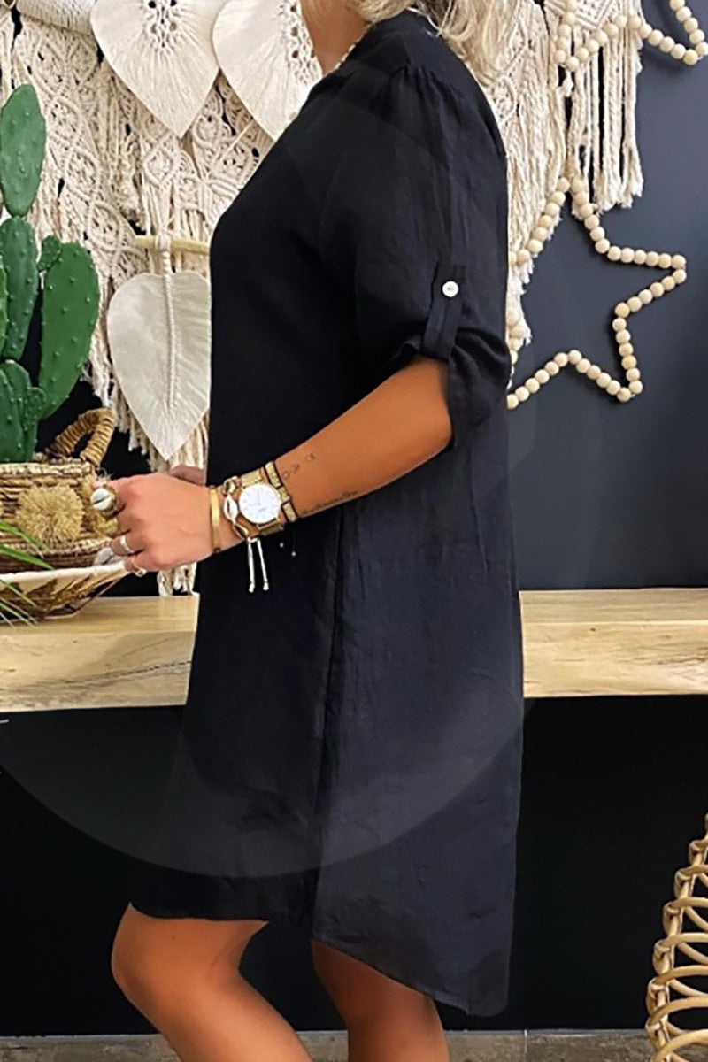 V Neck Roll Sleeve Linen Shirt Mini Dress