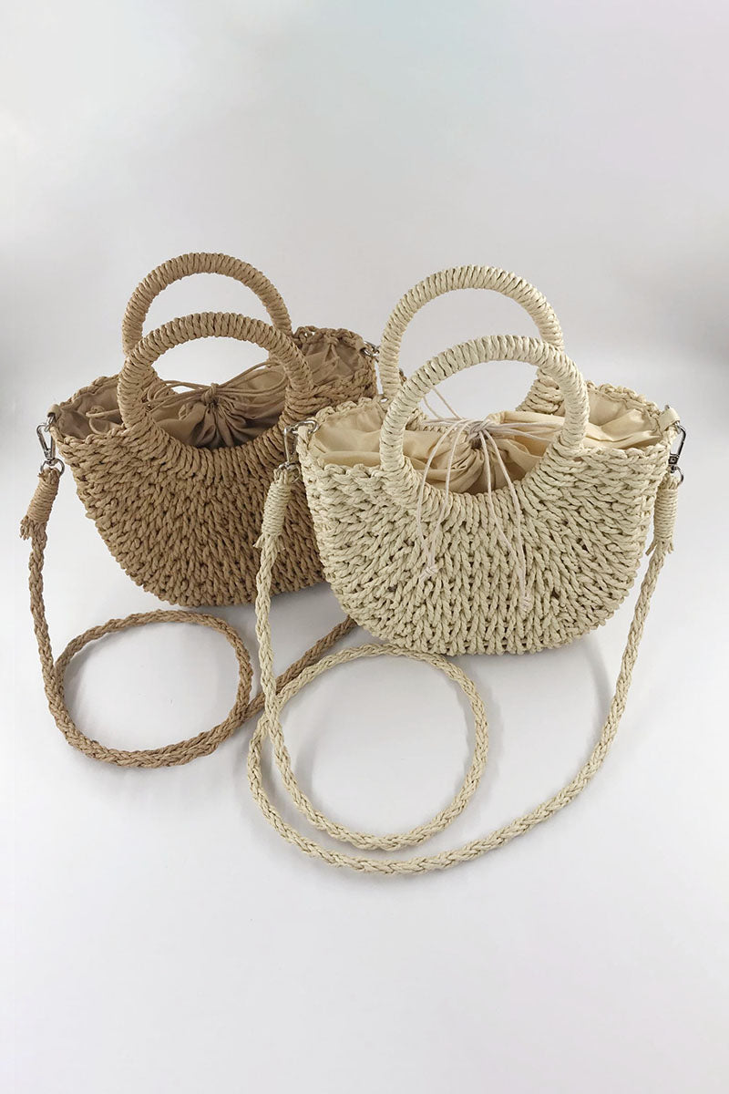 O-Ring Handle Drawstring Straw Crossbody Bag