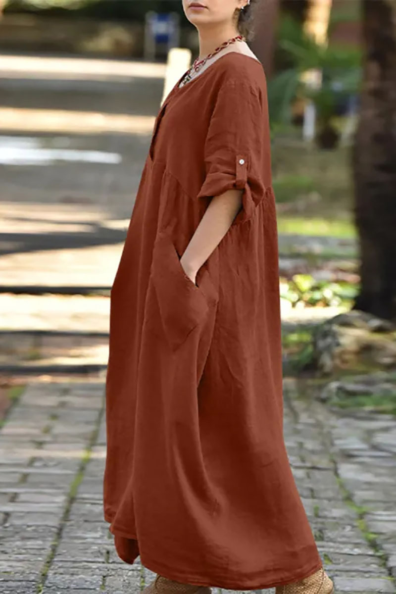 Roll Up Sleeve Irregular Neck Pocket Button Pleated Linen Maxi Dress