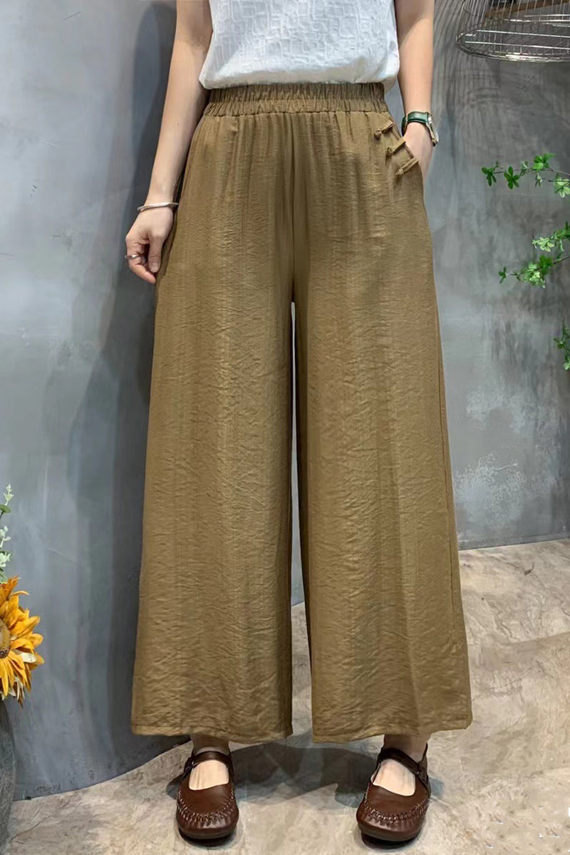 Pocket Chinese Knot Button Wide Leg Cropped Linen Pants