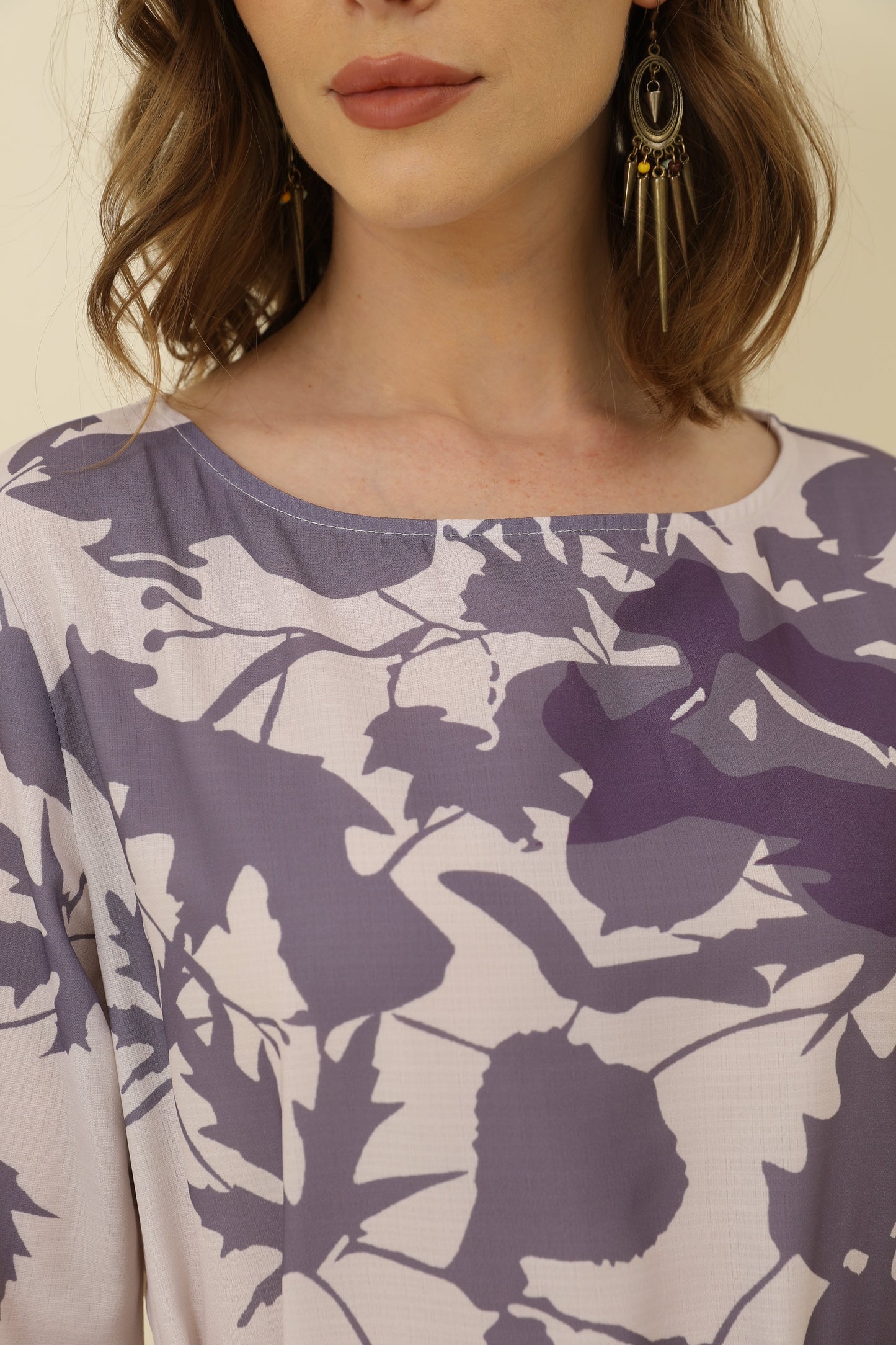 Cotton-Linen Floral Print Mid-Sleeve Dress