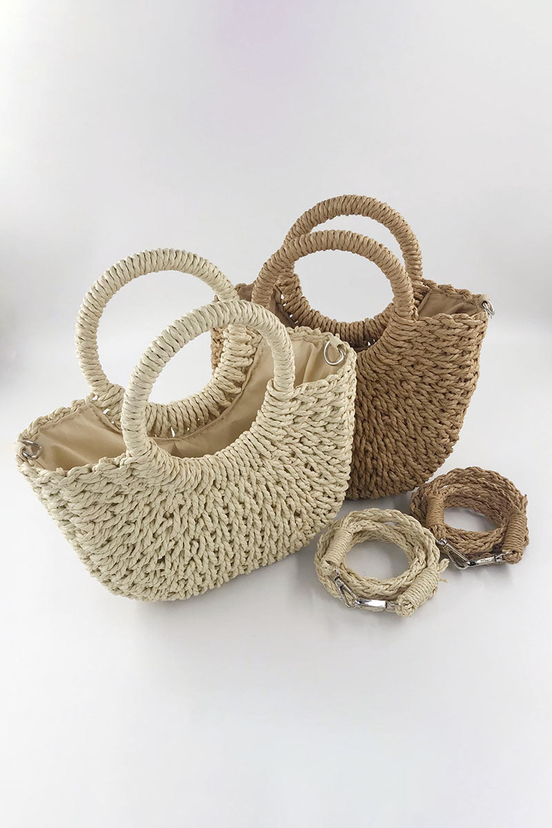O-Ring Handle Drawstring Straw Crossbody Bag