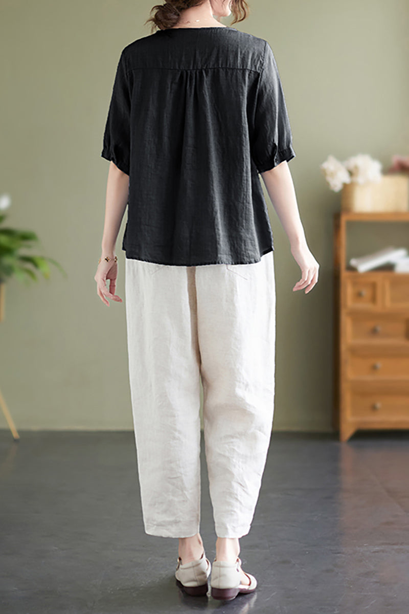 V Neck Embroidery Half Sleeve Linen Top